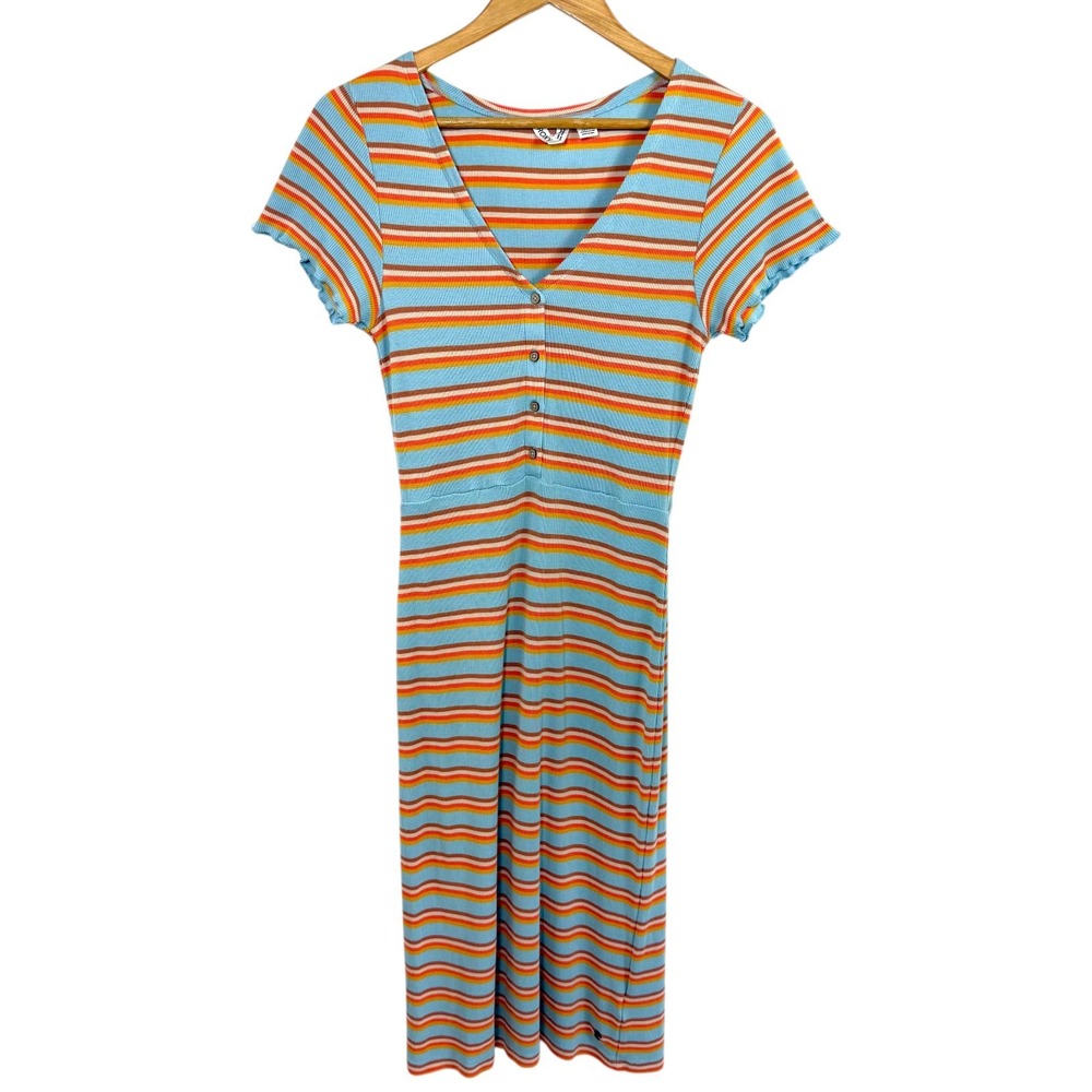 Roxy Ribbed Midi Dress M Blue Orange Striped Lettuce Edge‎ Retro Coastal Preppy - Picture 2 of 14